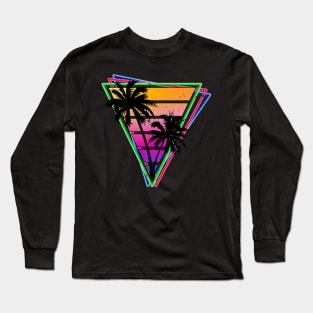 Distressed Synthwave Triangle Palm Tree Design Long Sleeve T-Shirt